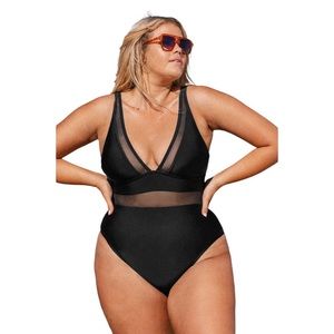 NWT Cupshe Mesh Panel Tummy Control Black One Piece Swimsuit - Size 0X